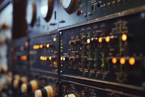 Vintage audio mixing console is showing its illuminated buttons in a dark studio photo