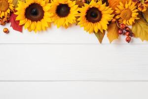 Sunflowers and autumn leaves creating a vibrant border on white wood photo