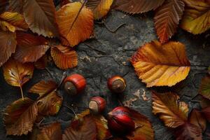 Hazelnuts lying on dark stone surrounded by dry autumn leaves photo