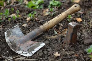 Rusty garden adze lying on the ground next to anvil photo