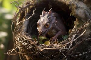 Thorny devil hiding in nest, curious reptile observing surroundings photo