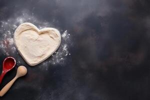 Heart shaped pizza dough on dark background with wooden spoons and copy space photo