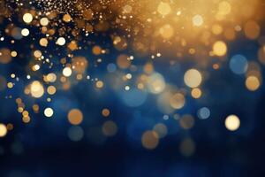 Golden particles falling and creating festive bokeh on blue background photo