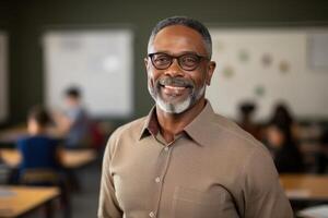 Smiling senior teacher standing in classroom with students working photo