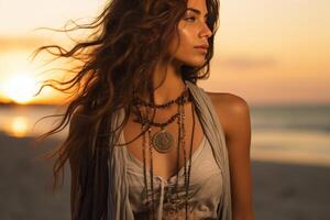 Bohemian model posing on the beach at sunset, looking away photo