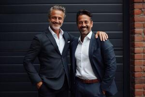 Two smiling businessmen posing with arm around in front of black background photo