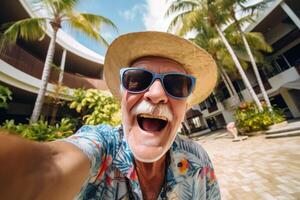 Carefree senior man enjoying summer holidays in a tropical resort, taking a selfie photo