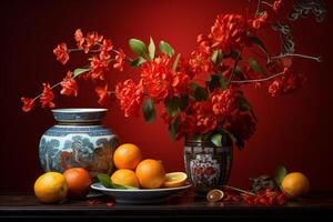 Blooming quince branches, oranges, and chinese vases creating a vibrant still life photo
