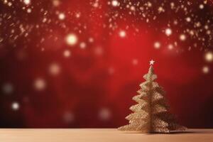 Golden christmas tree sparkling on red background with falling snow photo