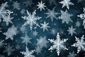 Snowflakes falling softly on dark blue background creating a winter wonderland photo