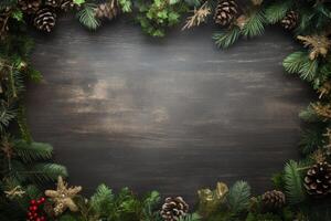 Christmas frame border consisting of fir branches, golden glitter stars, and pine cones on rustic dark wood background with copy space photo