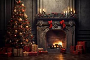 Christmas tree and fireplace creating cozy atmosphere in elegant interior design photo