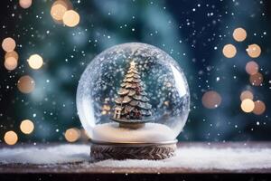 Snow globe featuring christmas tree creating magical winter wonderland atmosphere photo