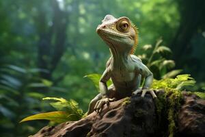 Curious lizard perching on mossy rock in lush jungle habitat photo