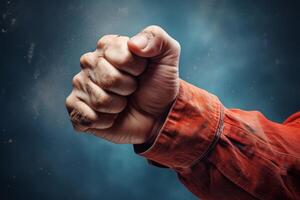 Worker showing clenched fist covered with dust on dark background photo