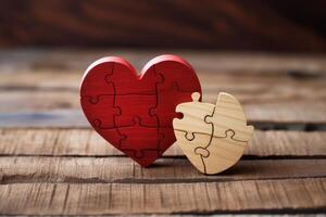Red and wooden heart puzzles showing love and connection on rustic table photo