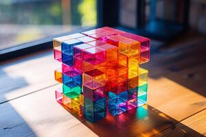 Colorful magnetic cubes creating an abstract structure on wooden table photo