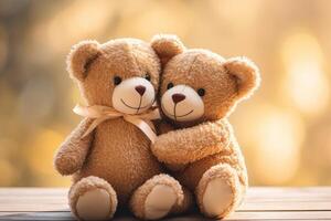 Two teddy bears hugging on wooden table with golden bokeh background photo