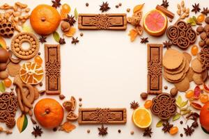 Decorated cookies, spices, and citrus fruits create a festive autumn frame on a white background photo