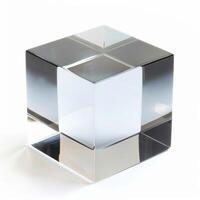 Transparent glass cube shining on white background photo