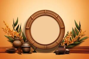 Round rattan frame with tropical flowers and pottery on wooden shelf photo