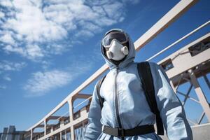 Scientist wearing hazmat suit and mask crossing bridge during pandemic photo