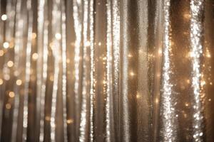 Shiny festive background with hanging gilded curtains and sparkling lights photo