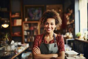 Portrait of a confident young small business owner smiling with arms crossed in her store photo