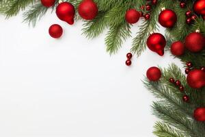 Christmas border with red ornaments and pine branches creating festive corner photo
