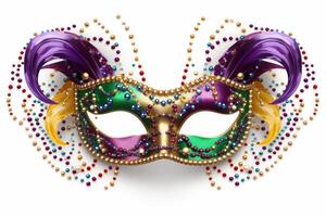 Colorful mardi gras mask with feathers and beads on white background photo
