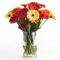 Bouquet of colorful gerbera daisies standing in a glass vase on white background photo