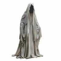 Ghostly figure wearing white cloak standing in front of white background photo