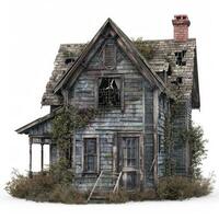 Abandoned house falling apart with broken windows and overgrown shrubs photo