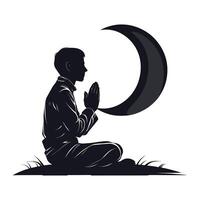 A powerful silhouette of a person sitting in prayer, hands clasped together, with a large crescent moon above. vector