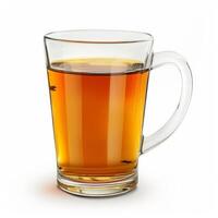 Glass cup of tea with handle resting on white background photo