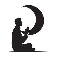 A simple, elegant silhouette of a man in prayer, hands clasped, seated in a profile view, with a large crescent moon above him. vector