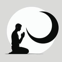 A simple, impactful silhouette of a person kneeling in prayer, hands clasped, positioned against a backdrop of a large crescent moon within a circular halo. vector