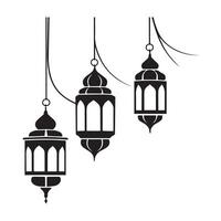 Three ornate Islamic lanterns, in silhouette against a plain white background, hang from thin, implied cords. vector