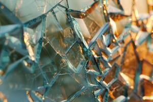 Broken glass reflecting golden light creating abstract shapes photo