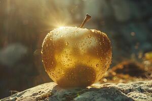 Golden apple shining on stone in magical forest at sunset photo