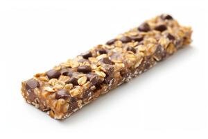 Protein bar with chocolate chips and rolled oats resting on white background photo