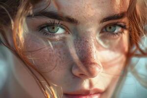 Close up portrait of redhead model showing freckles and eyes photo