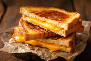 Delicious grilled cheese sandwich dripping with melted cheddar on rustic wooden board photo