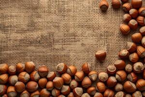 Hazelnuts forming a border on burlap background with copy space photo