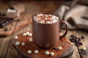 Steaming mug of hot chocolate with whipped cream and chocolate shavings on rustic wooden table photo