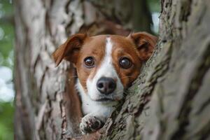 Curious small dog peeking from tree hollow photo