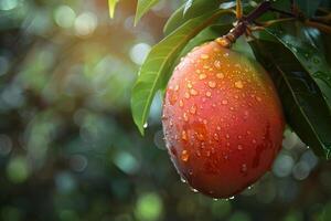 Fresh mango fruit growing on tree with water droplets in orchard photo