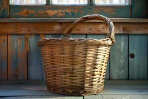 Empty wicker basket sitting on rustic wooden surface by window photo