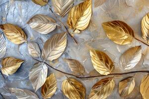Golden and silver leaves creating an elegant decorative pattern on textured background photo