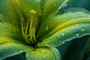 Close up of green lily showing dew drops and pistils photo